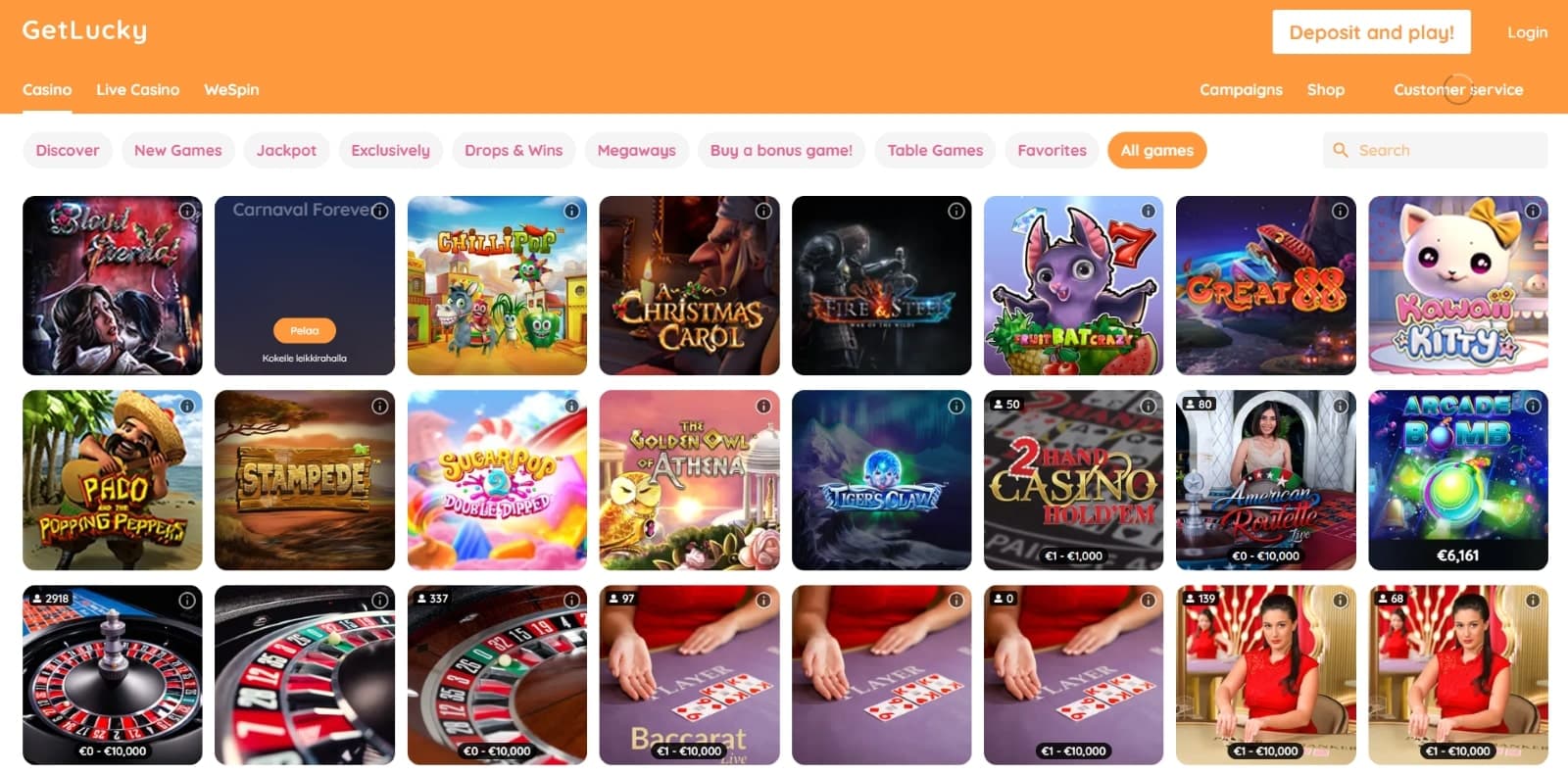 GetLucky Casino lobby spiludvalg slots og live casino